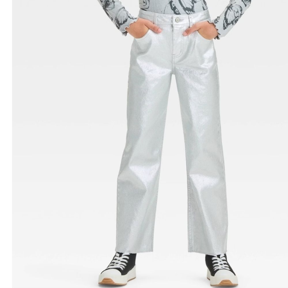 Girls' 14 High-Rise Baggy Metallic Wide leg Denim Pant - art class - Silver 14